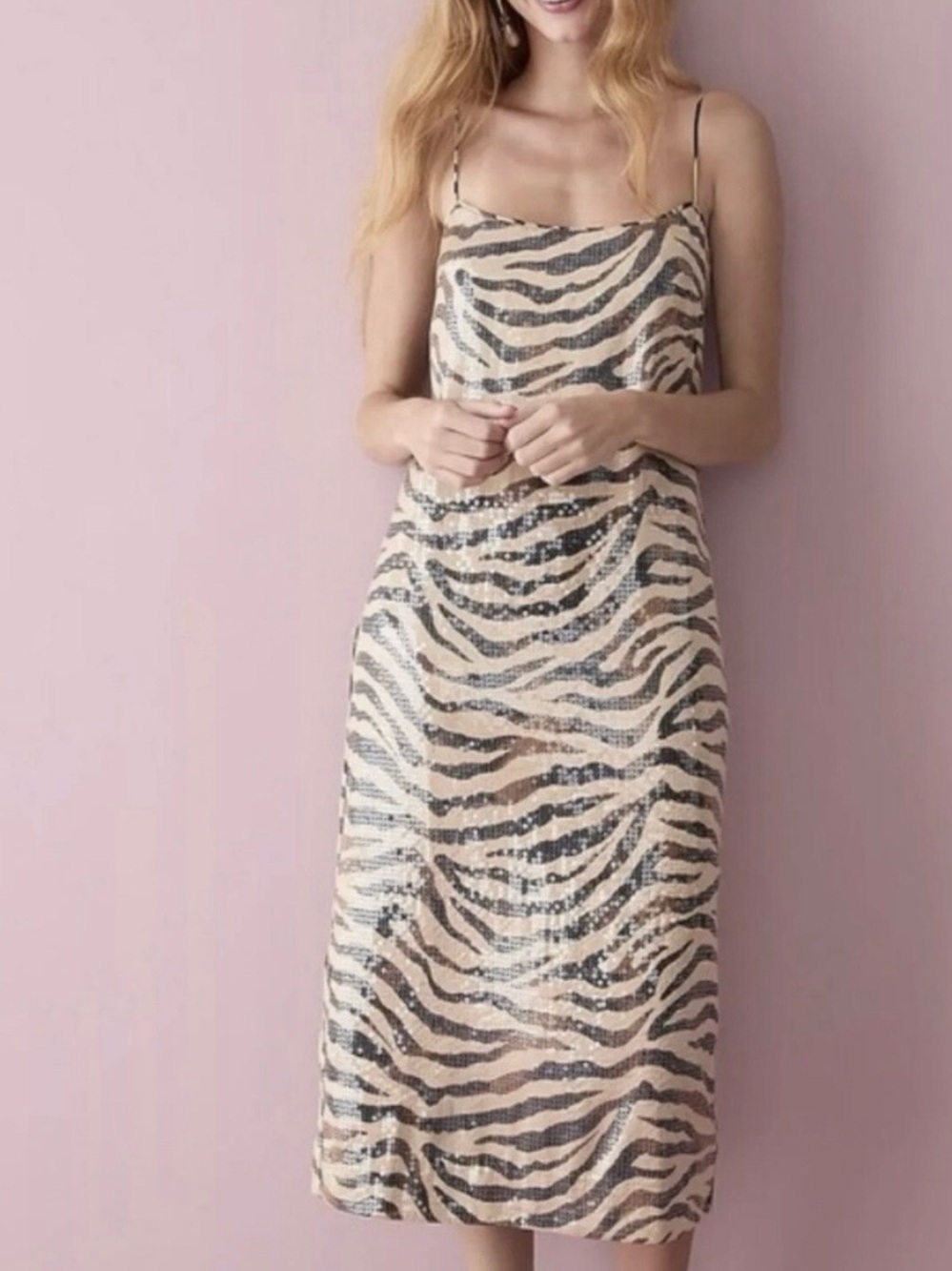 J. Crew Sequin Zebra-Print Slip Midi Dress in Beige and Black